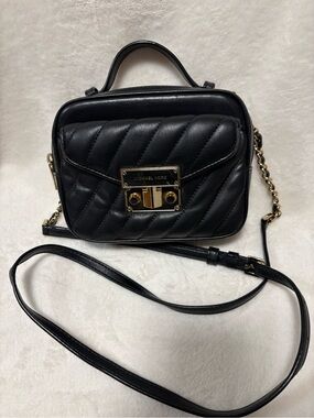 Michael Kors Rose Black Quilted Leather Crossbody Camera Bag with Gold Hardware